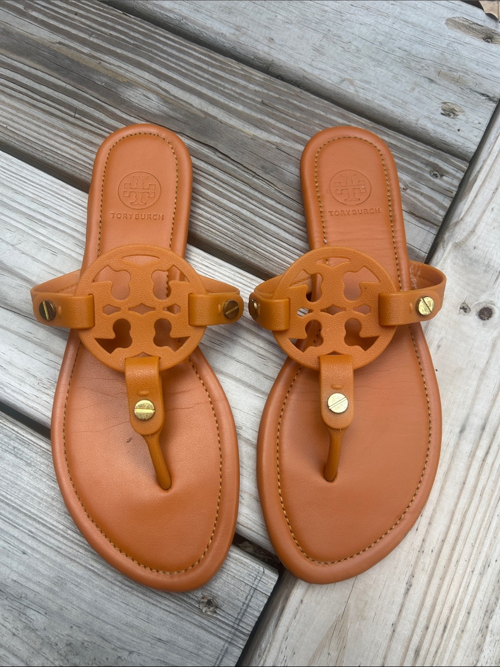 Tory Burch Miller Jelly Sandals Orange Brown Persimmon Leather Footbed Size 9